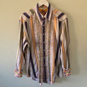 Robert Graham M Retro Eclectic Western Embroidered Stripes Flip Cuff Dress Shirt
